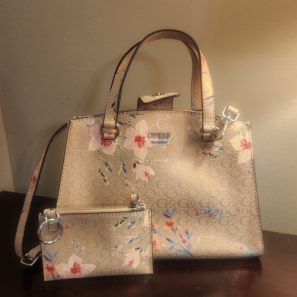 Guess Taupe Flowered Women's Handbag Purse Medium